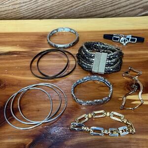 Bracelet Lot 11 Pieces Silver Black Gold Tone Stacking Shimmer Bangles Filigree